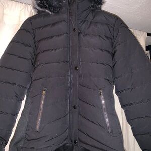 YMI Black Quilted Puffer Jacket with Faux Fur Trimmed Hood
